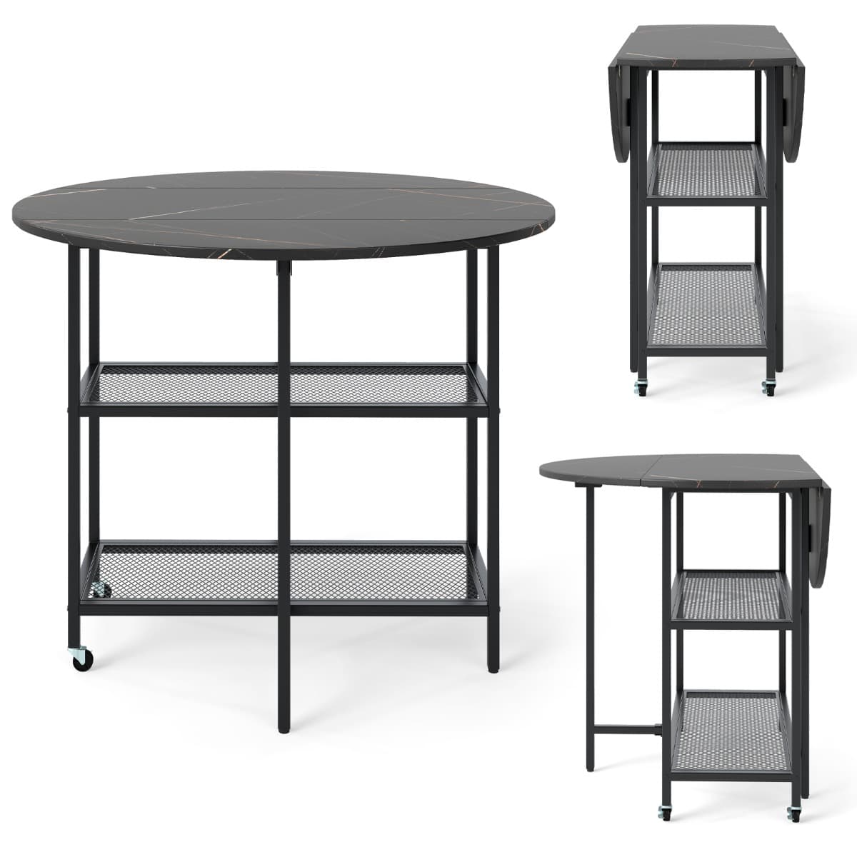 CostwayTable Pliante Mobile pour 2 à 4 Personnes Table Pliante Ronde avec 2 Compartiments de Rangement et Roulettes Verrouillables Noir