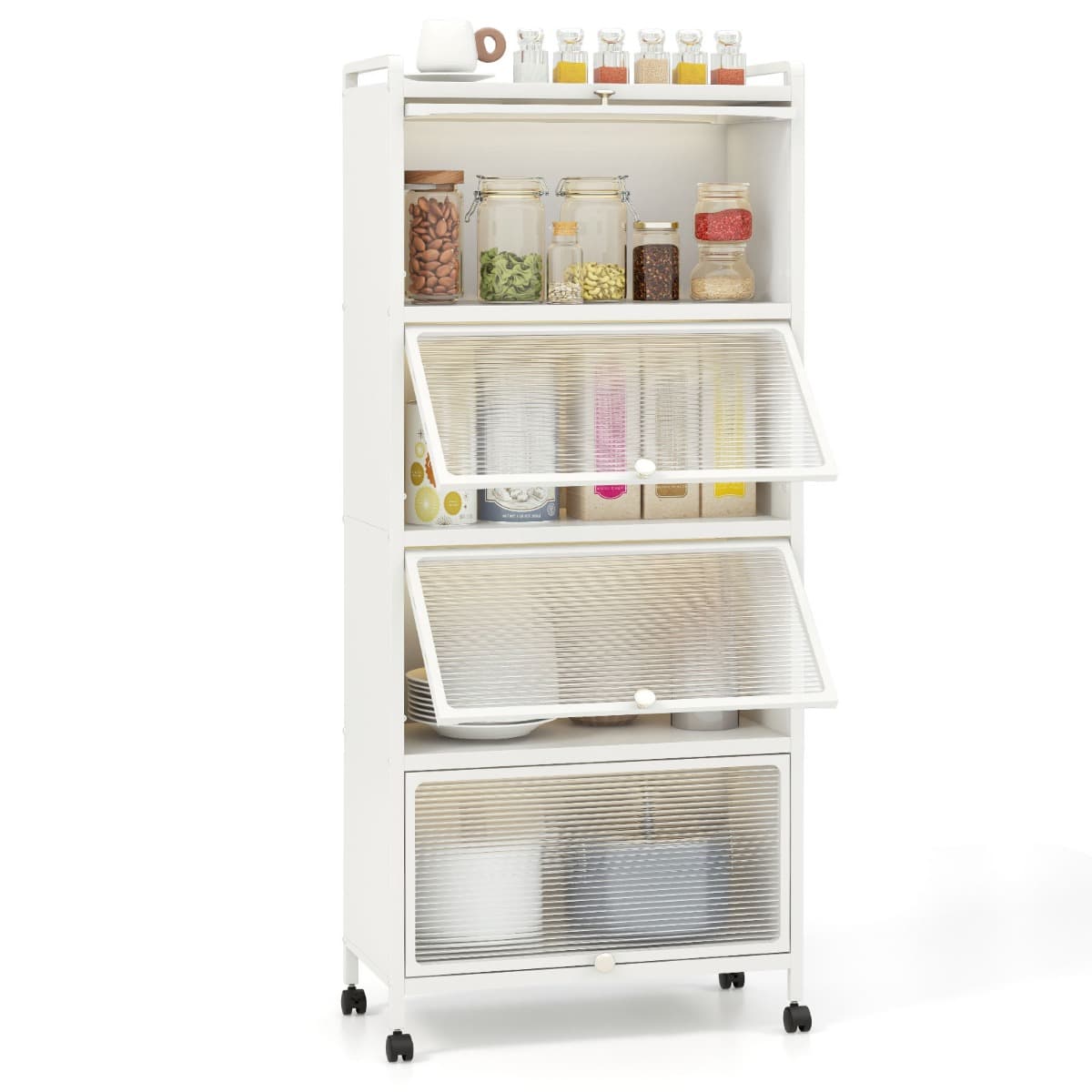 Étagère de Cuisine 5 Niveaux avec 4 Portes PC Escamotables Meuble de Rangement avec 4 Roues pour Sal