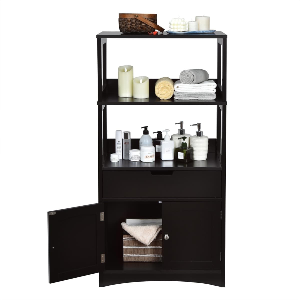 Armoire Salle de Bain avec Tiroir 2 Étagères Ouvertes Double Porte Noir