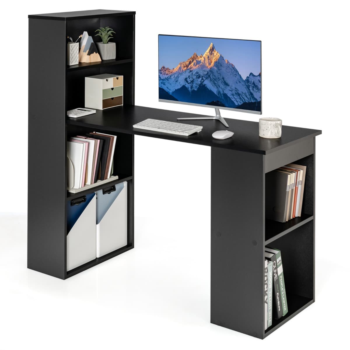 Bureau d'Ordinateur Réversible avec Bibliothèque Poste de Travail Moderne avec Étagères de Rangement