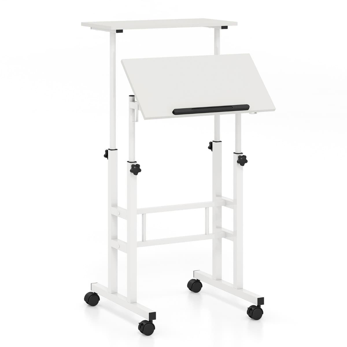 CostwayBureau Assis-Debout à Roulettes Table Informatique pour Ordinateur Hauteur Réglable Poste de Travail Inclinable Blanc