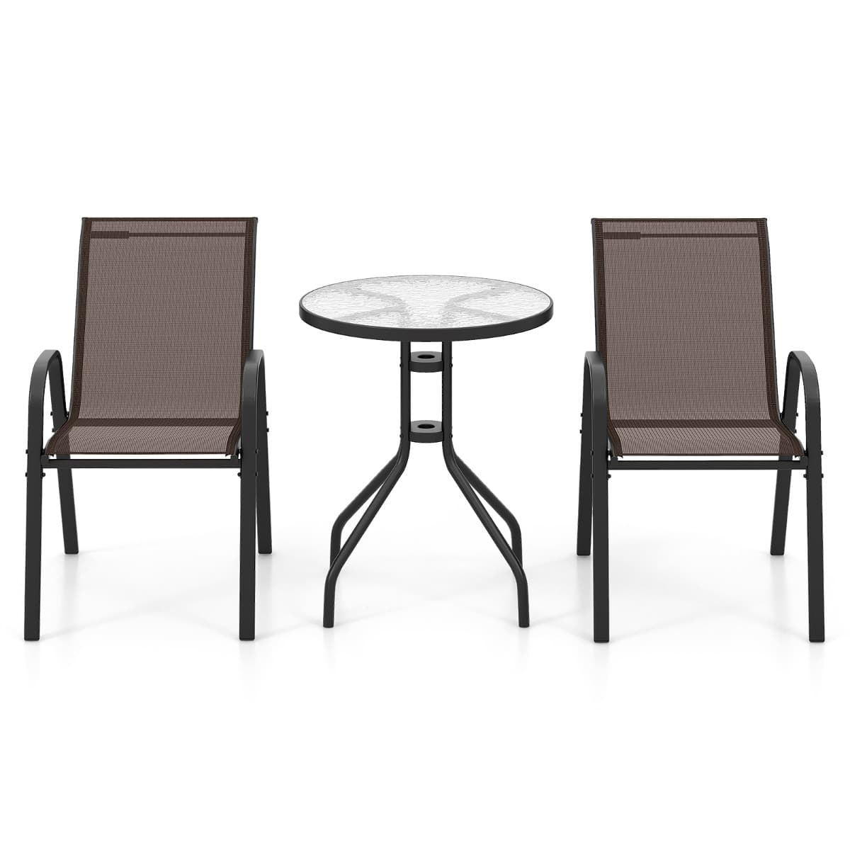 CostwayEnsemble de Bistrot de Jardin 3 Pièces Table Ronde avec 2 Chaises Empilables Mobilier de Conversation avec Plateau en Verre Trempé Brun