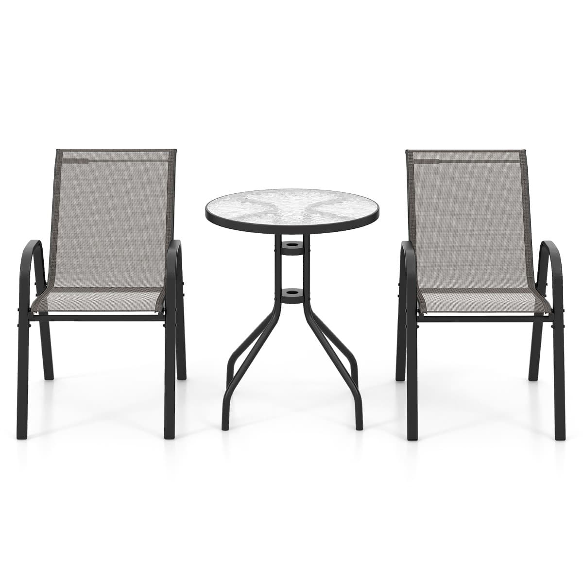 CostwayEnsemble de Bistrot de Jardin 3 Pièces Table Ronde avec 2 Chaises Empilables Mobilier de Conversation avec Plateau en Verre Trempé Gris