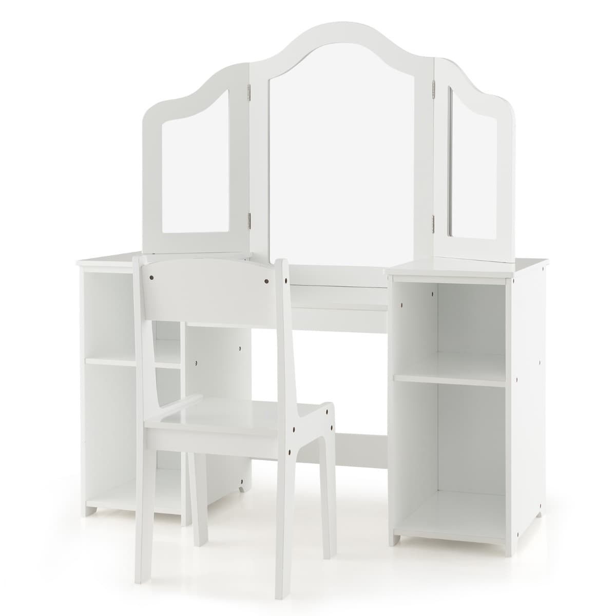 CostwayCoiffeuse pour Enfants 2 en 1 avec Chaise Miroir Amovible à Trois Volets 4 Compartiments de Stockage Blanc