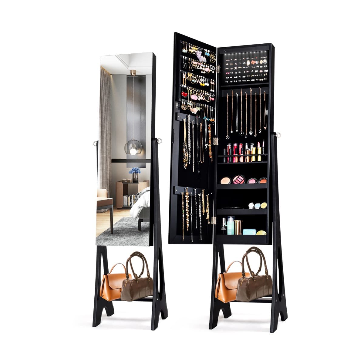 CostwayArmoire à Bijoux Sur Pied avec 12 LED Doublure Intérieure en Velours Doux Angle Réglable 36 x 33,5 x 154,5 cm Noir
