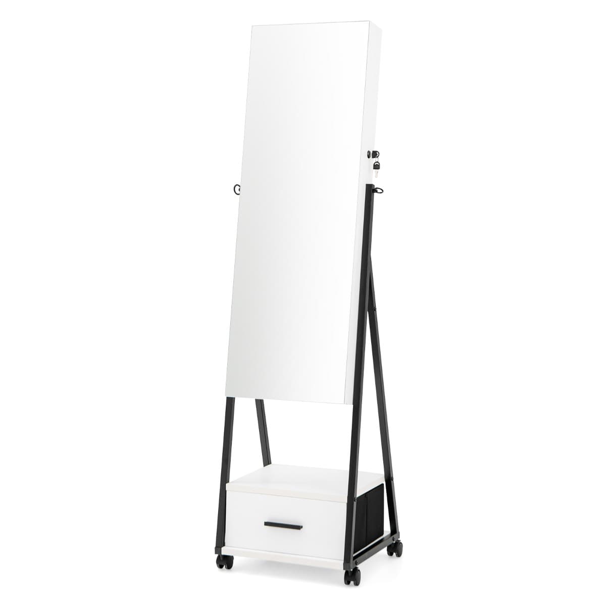 CostwayArmoire à Bijoux à Roulettes avec Miroir et Tiroir 9 Compartiments Porte Verrouillable Blanc 42 x 38 x 157 CM Blanc