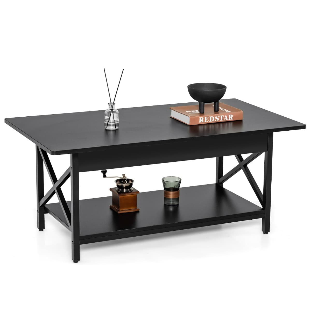Table Basse 2 Niveaux avec Étagère Bois Cadre Métallique en Forme X Pieds Réglables Style Industriel