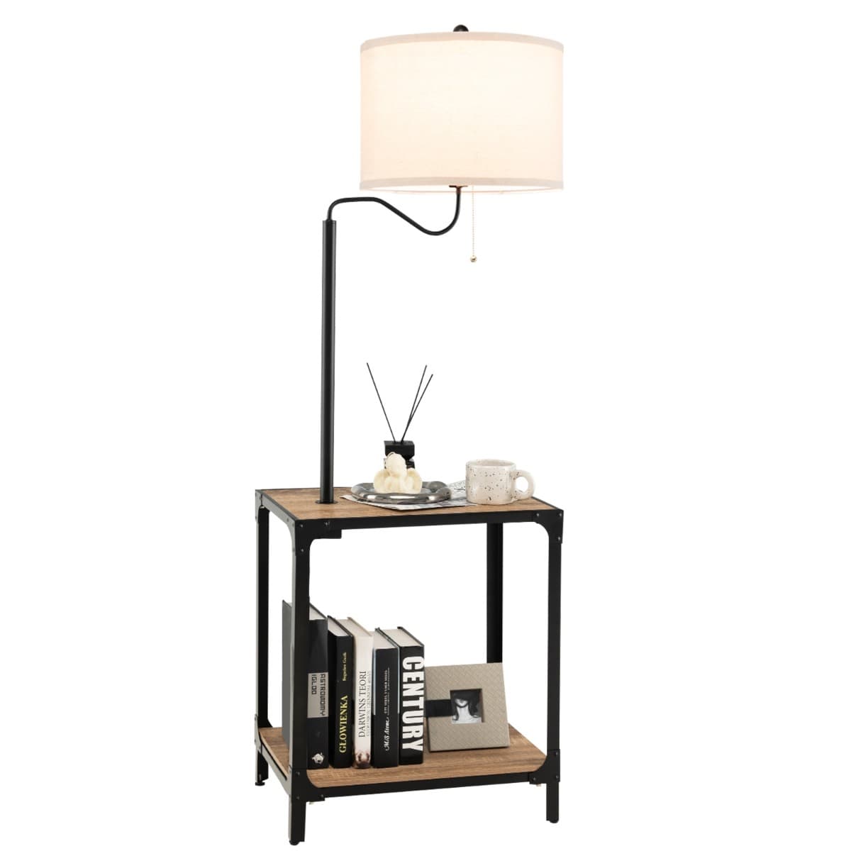 Costway2 en 1 Lampadaire LED et Table d'Appoint avec 2 Étagères 2 Ports de Charge USB Bras de Lampe Rotatif à 360° 49x34x144 cm