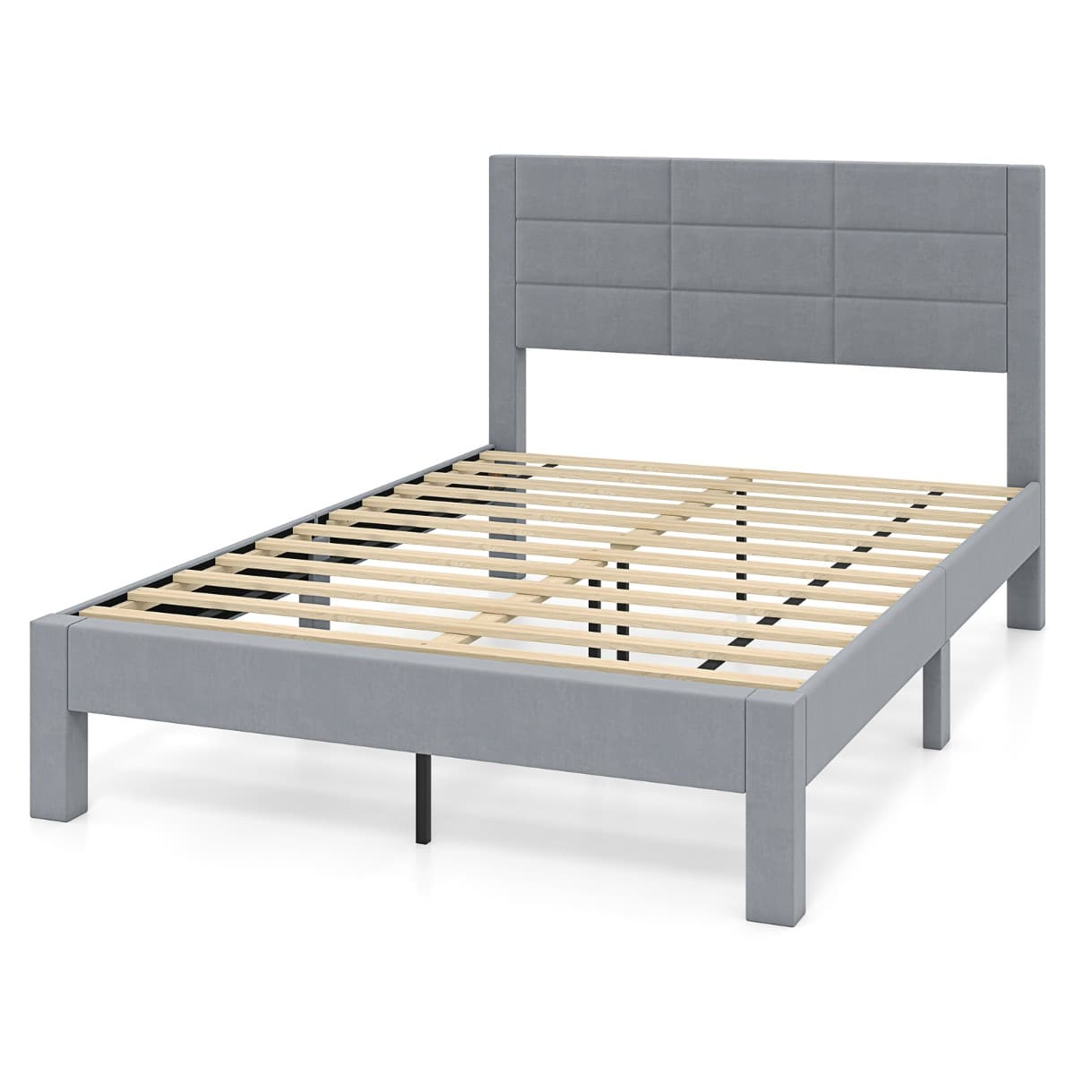 CostwayLit Plateforme Rembourré Cadre de Lit Double 200 x 140 CM avec Tête de Lit en Velours Doux et Lattes en Bois Charge 25 kg Gris