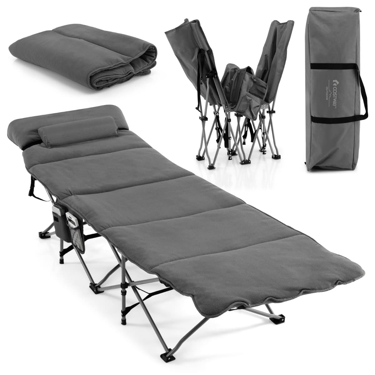 CostwayLit de Camping Pliable 65 x 185 CM avec Matelas et Oreiller Amovibles Lit d'Appoint pour Camping/Randonnée Gris