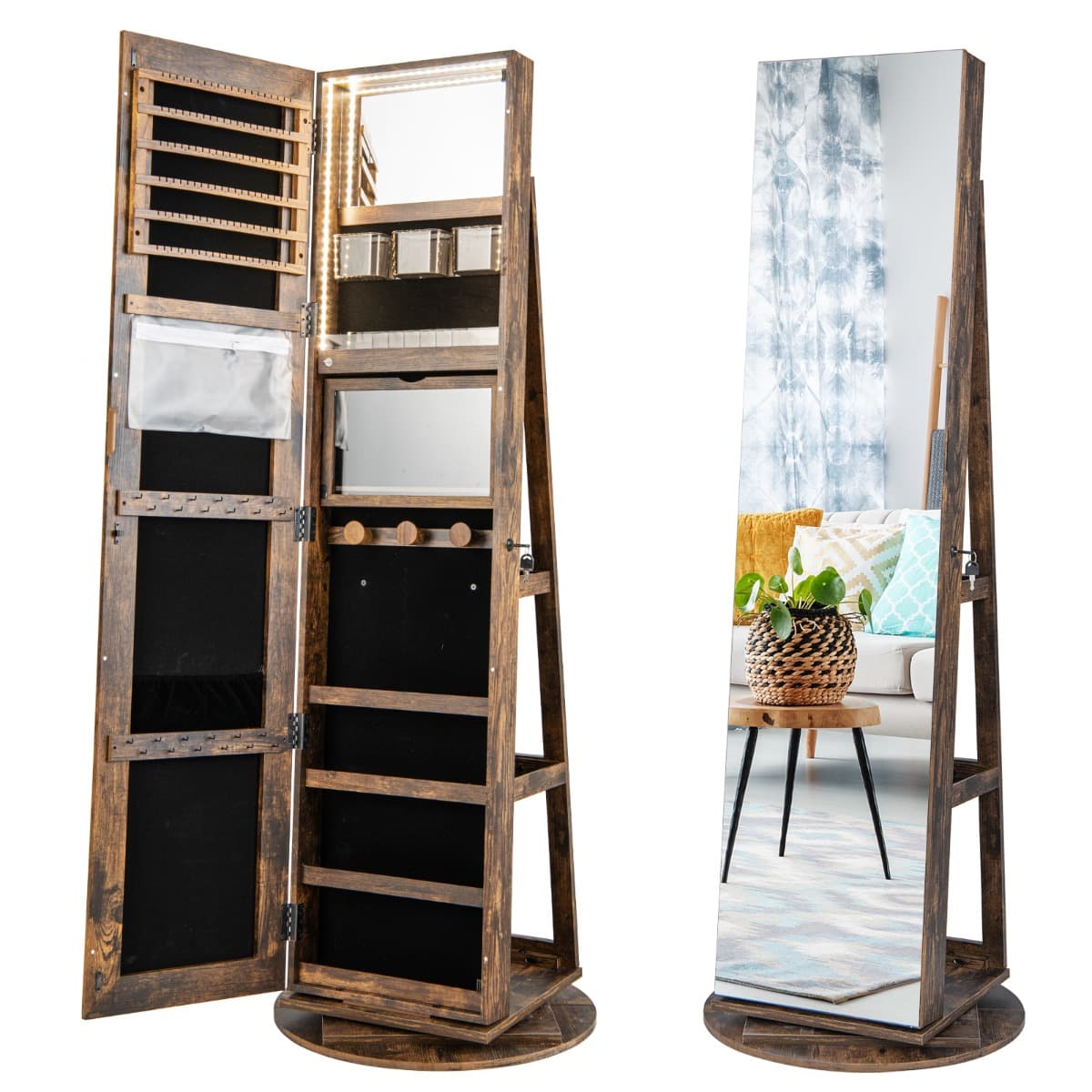 CostwayArmoire à Bijoux Pivotante à 360°avec Lumières LED 3 Couleurs Miroir Pleine Longueur et Étagère 3 Niveaux en Arrière Marron Rustique