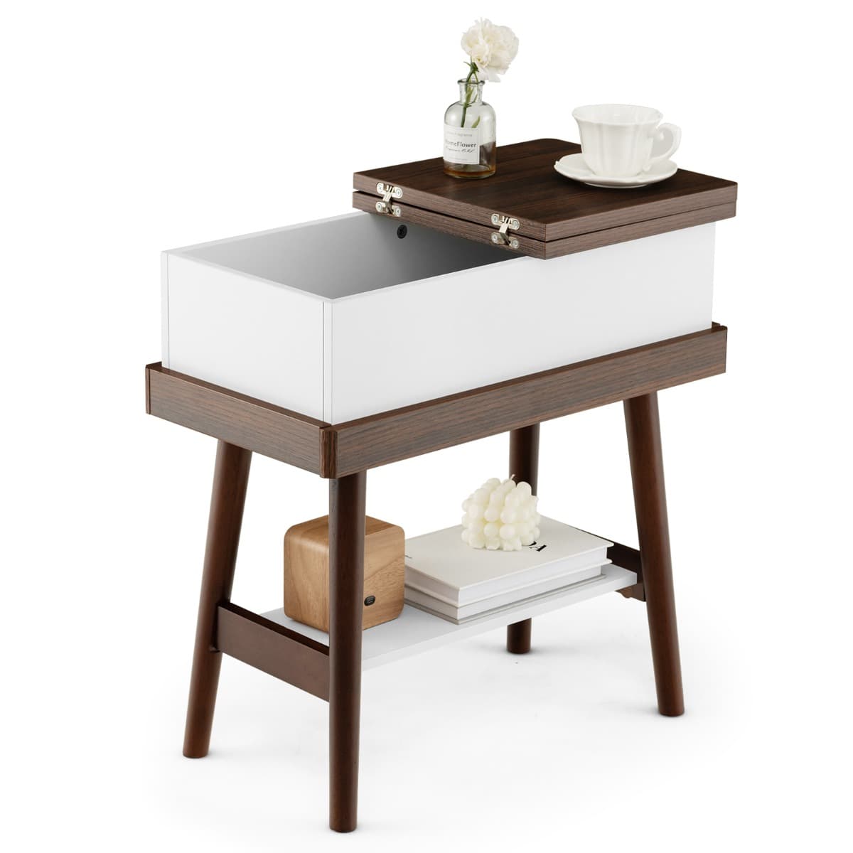 CostwayTable d’Appoint Plateau Rabattable, Bout de Canapé à 2 Niveau L60 x P30 x H59 cm en Bois Brun