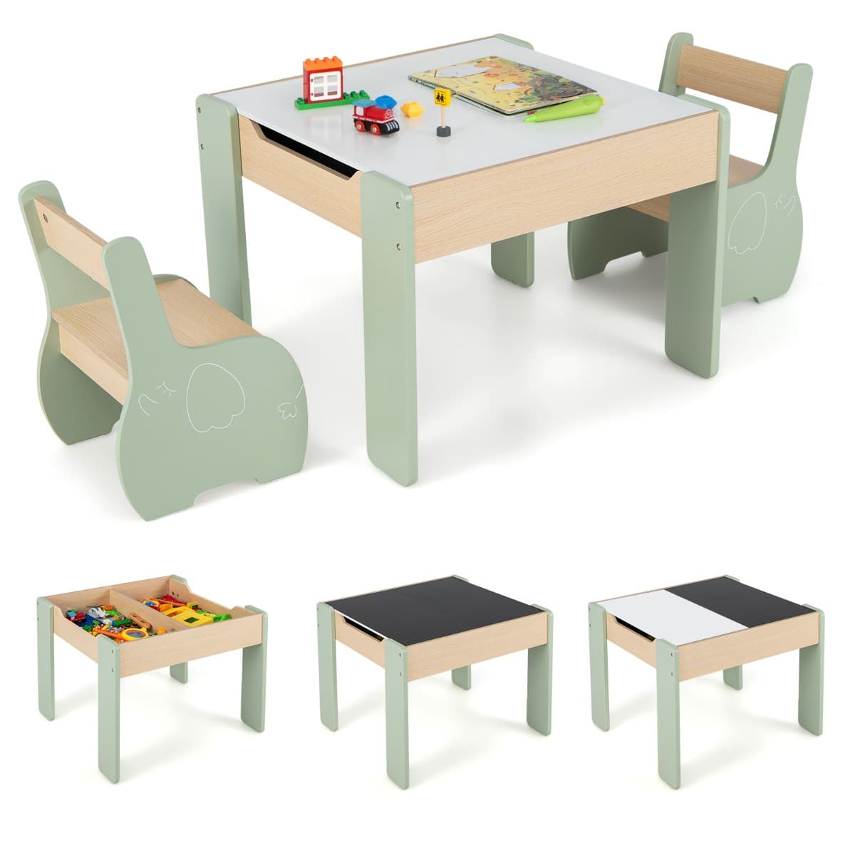 Costway3 en 1 Ensemble Table et 2 Chaises Enfant Table d'Activité avec Tableau Noir Dossier Ergonomique Boîtes de Rangement Motif Éléphant Vert