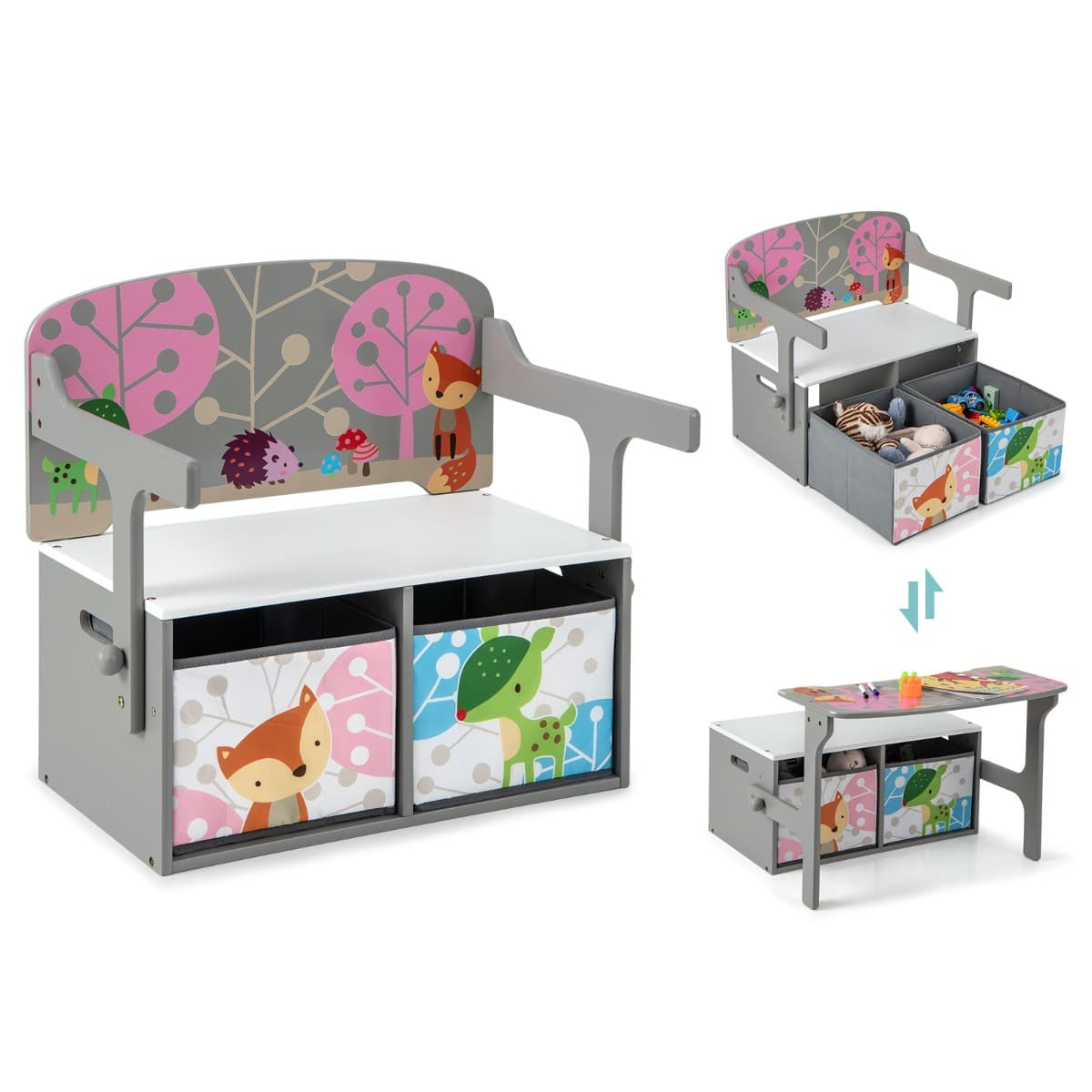 CostwayChaise Enfants Convertible à Ensemble Table et Banc avec Fonction de Rangement 2 Bacs en Tissu Amovibles Gris