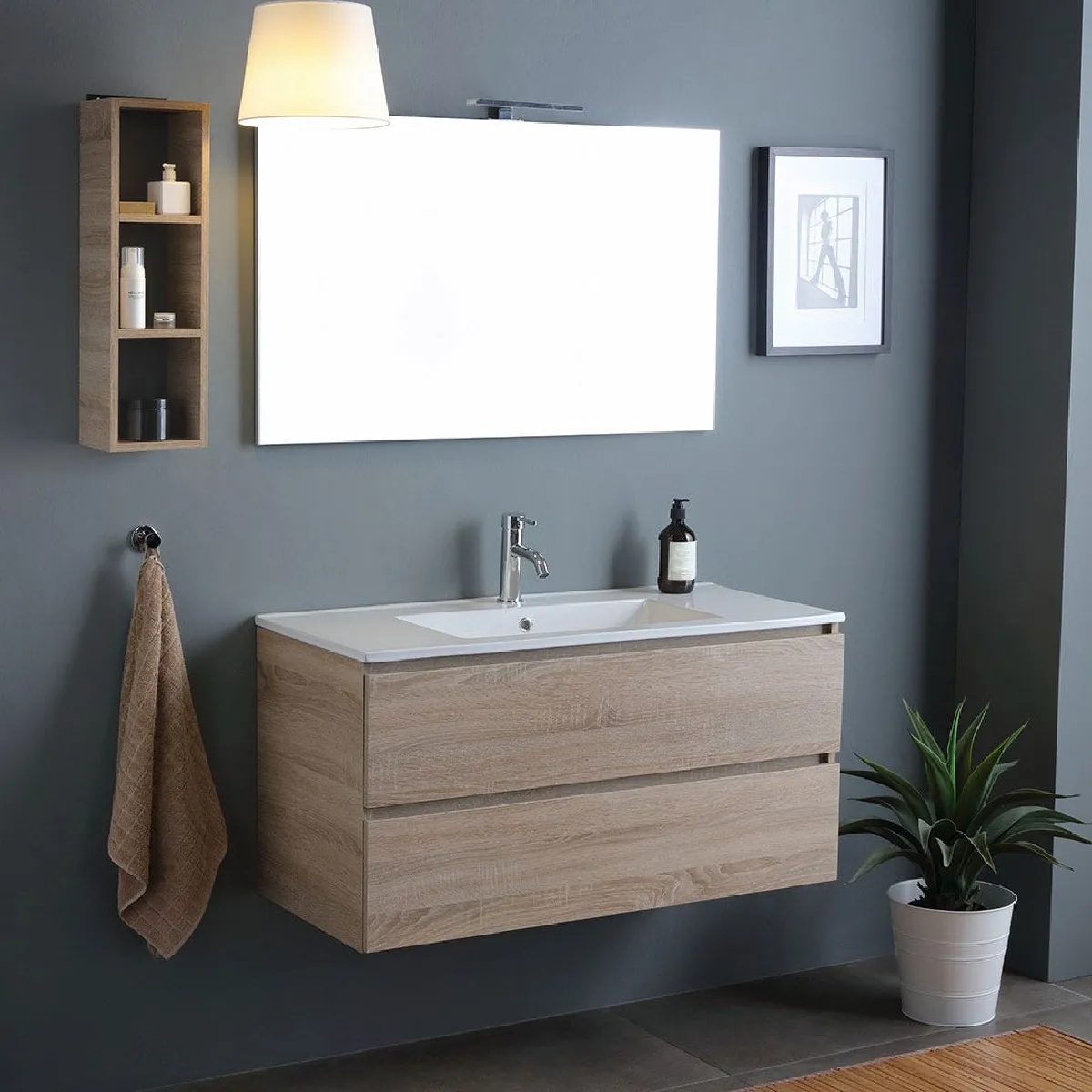 Kiamami valentina Meuble salle de bains avec miroir - Chêne
