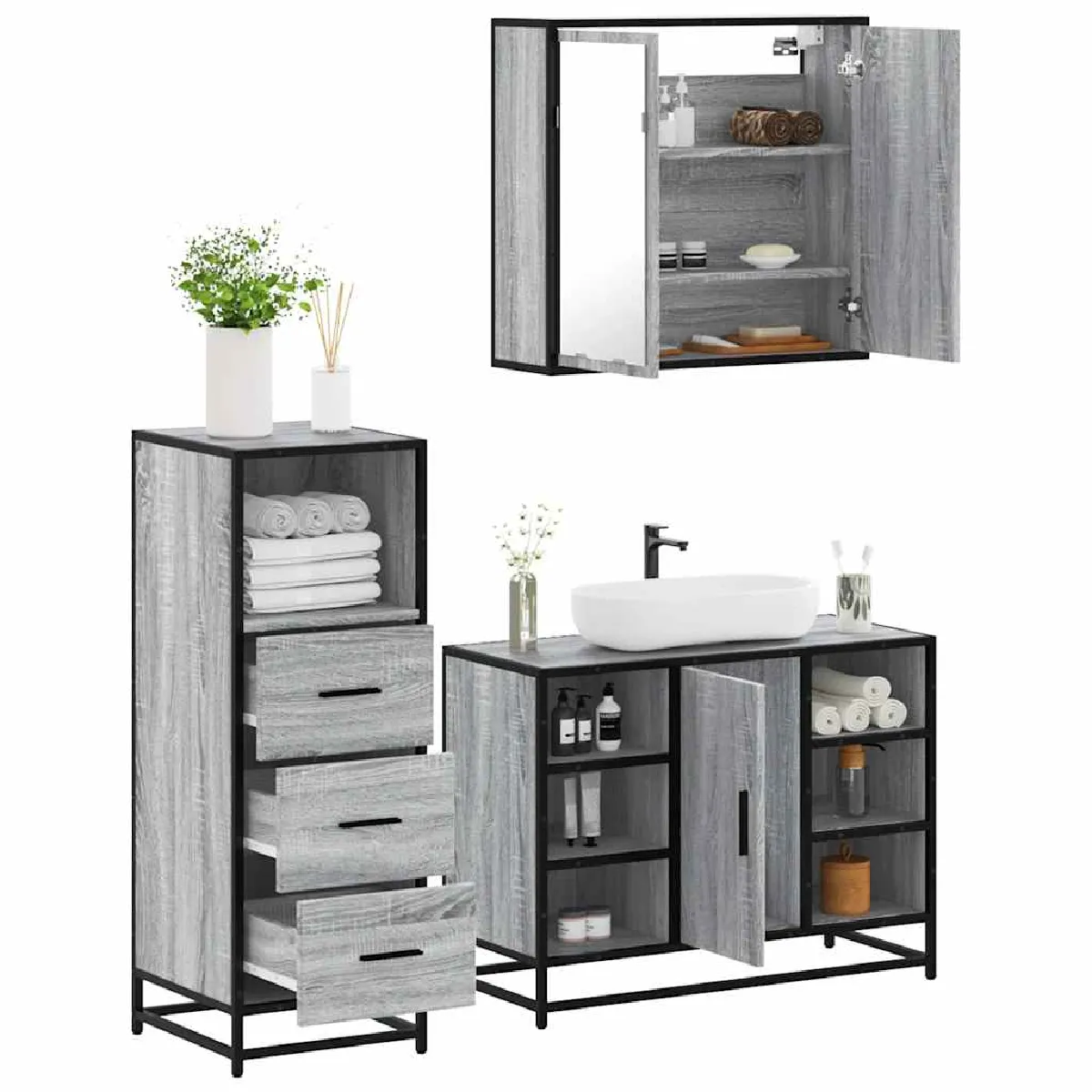 vidaXL Salle de bain 3 pcs Sonoma gris