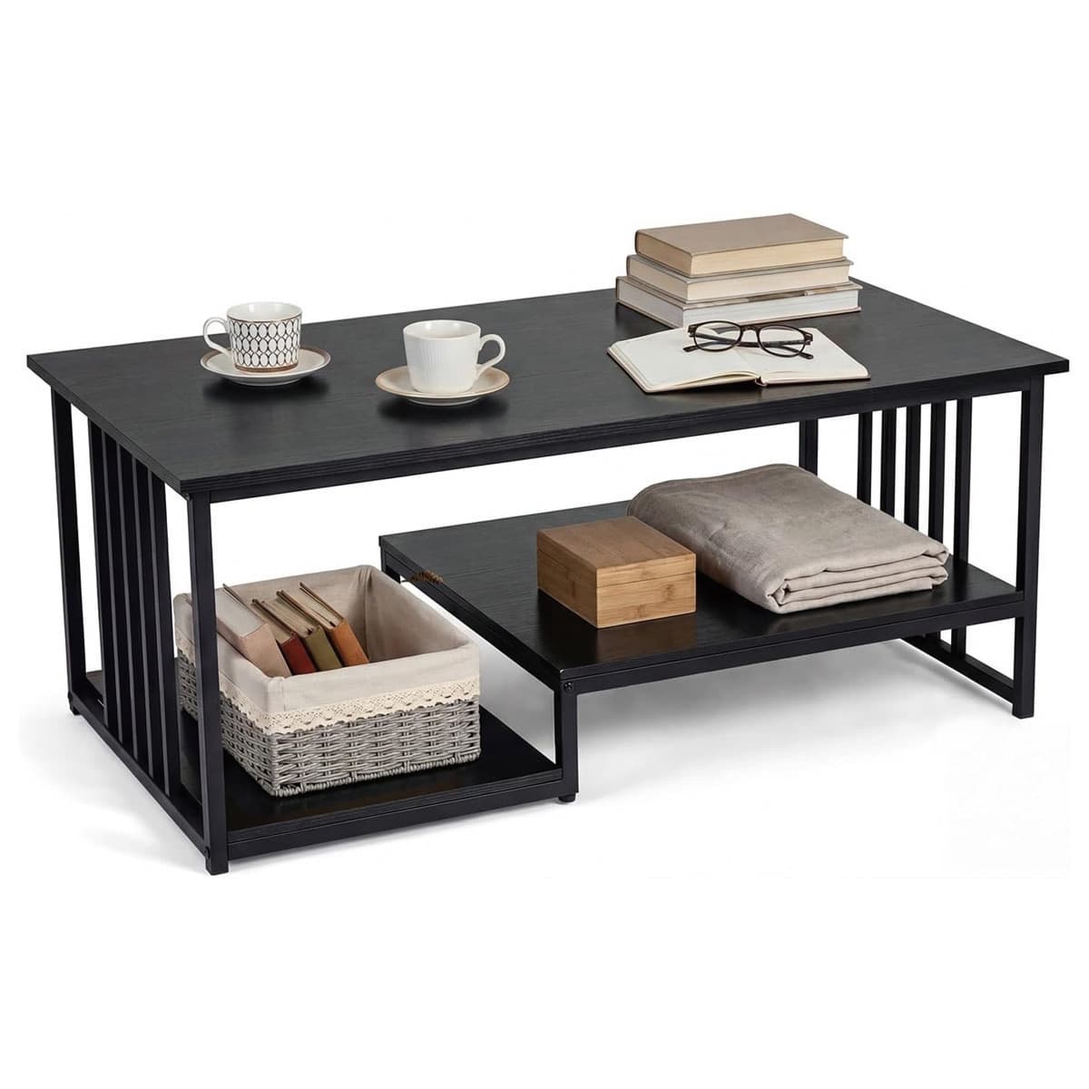 Table Basse Rectangulaire avec 2 Étagères de Rangement et Cadre Métallique Robuste Table d'Appoint M