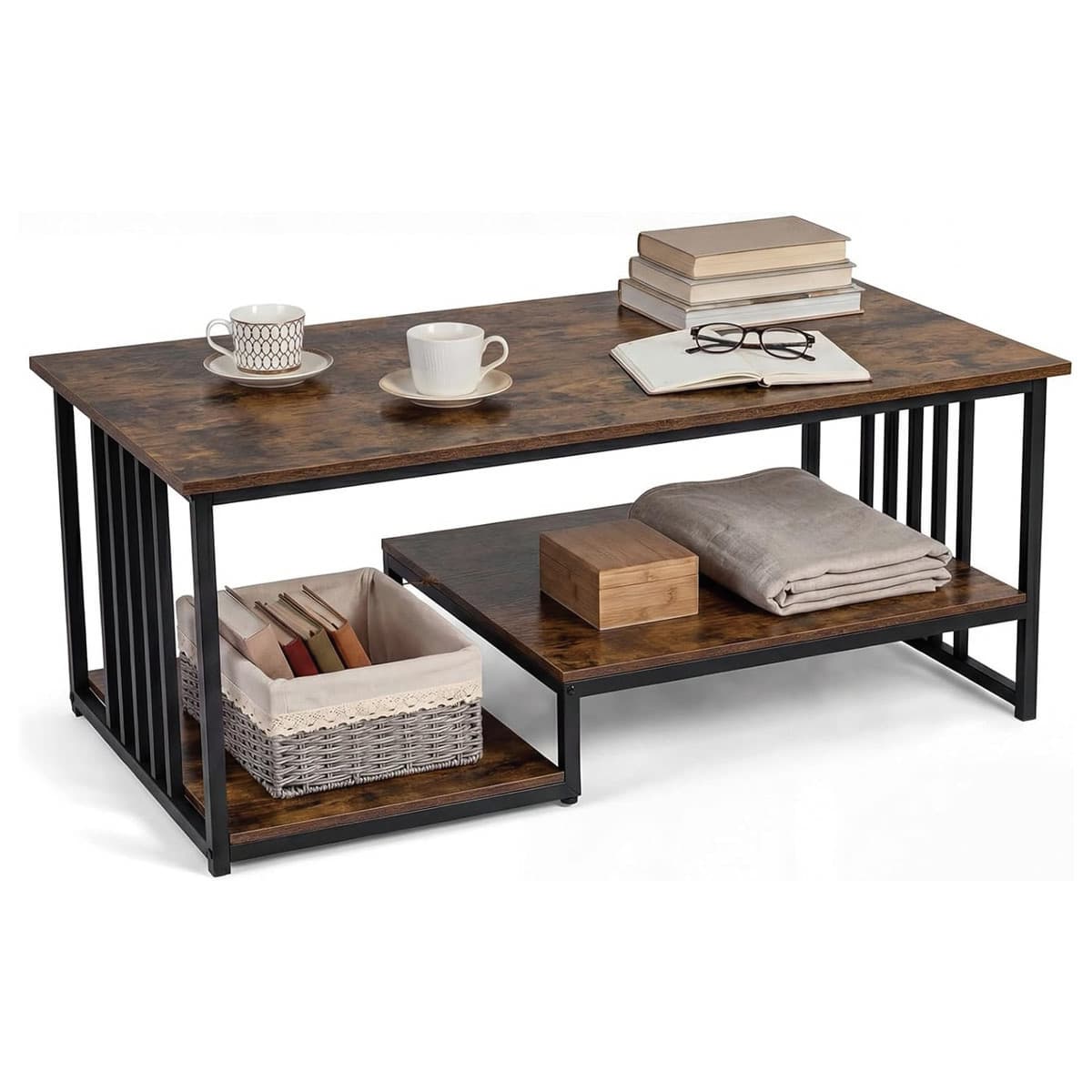 Table Basse Rectangulaire avec 2 Étagères de Rangement et Cadre Métallique Robuste Table d'Appoint M