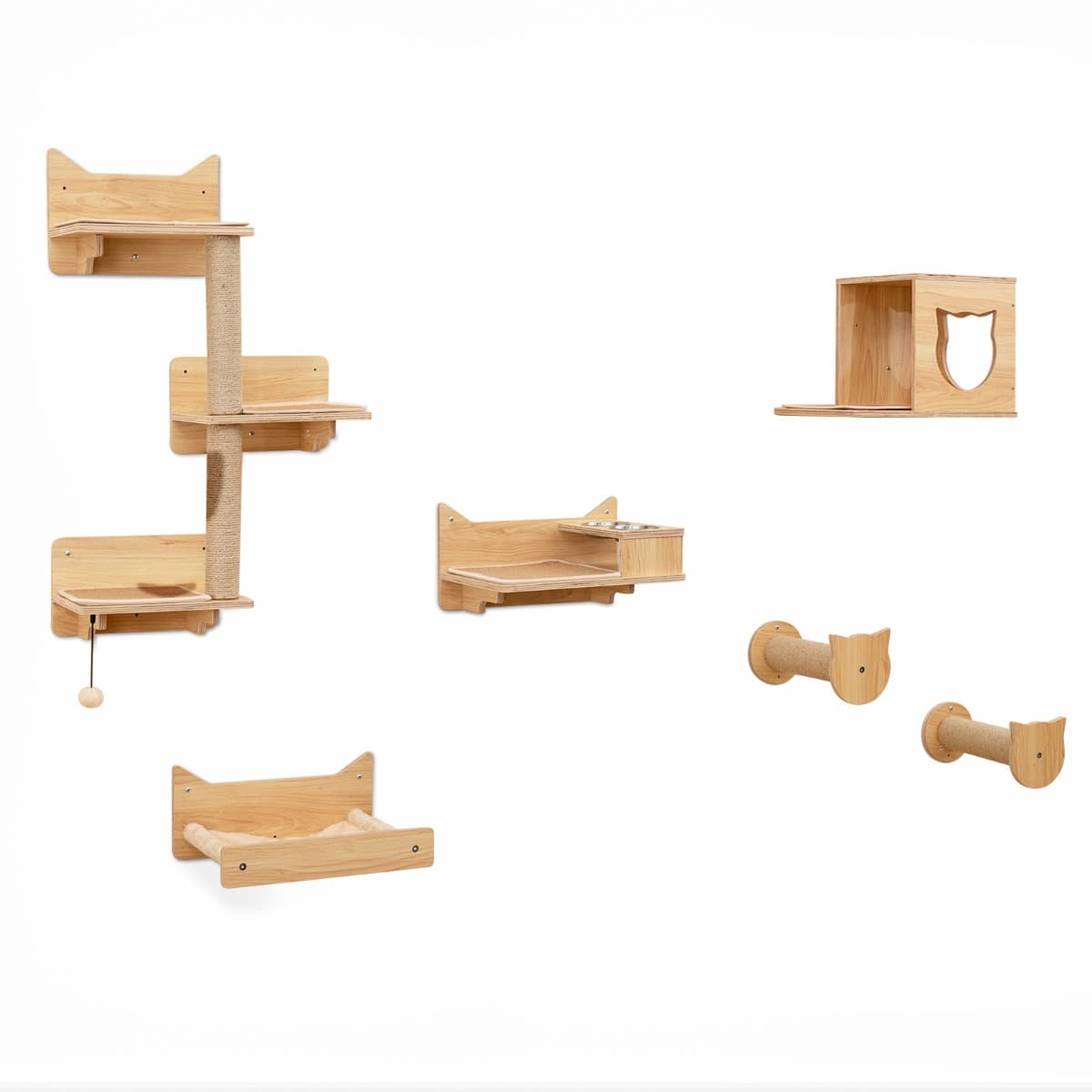 CostwayEnsemble de 6 Meubles Muraux pour Chat Étagères avec Hamac Pont Arbre à Chat à 2 Niveaux Plates-Formes Marches Poteaux à Griffer Naturel