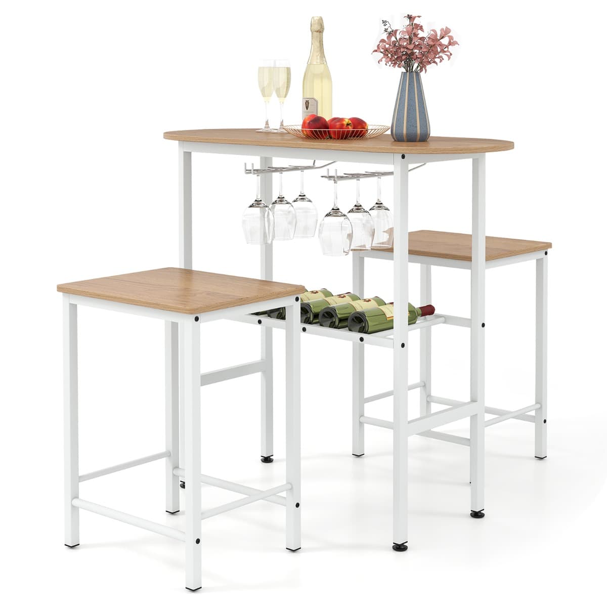 CostwayEnsemble de Table de Hauteur de Comptoir 3 Pièces Table à Manger Ovale et 2 Tabourets avec Porte-Bouteilles Porte-Verres à Vin Naturel